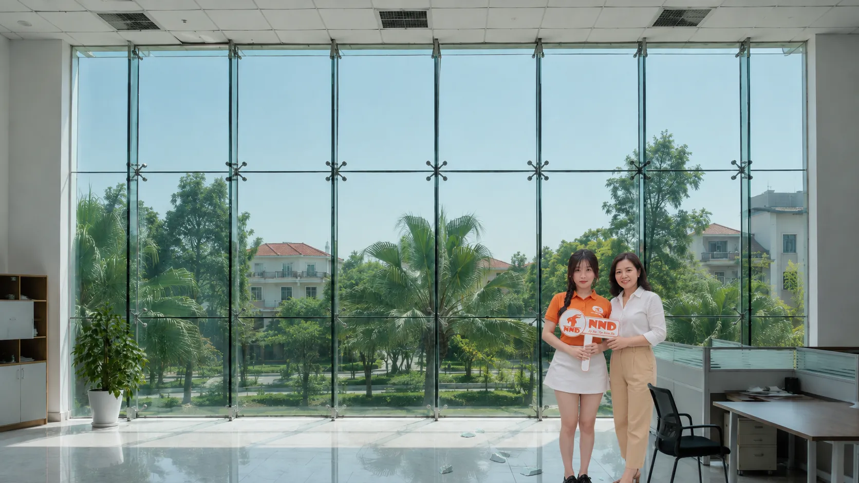Hệ kính văn phòng sau khi dán phim cách nhiệt Hàn Quốc, không gian dịu sáng hơn và vẫn giữ tầm nhìn.