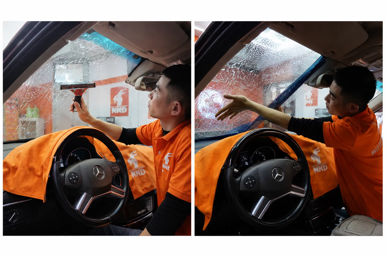 Kỹ thuật viên NND gạt nước và căn chỉnh phim cách nhiệt trên kính lái ô tô trong quá trình thi công.