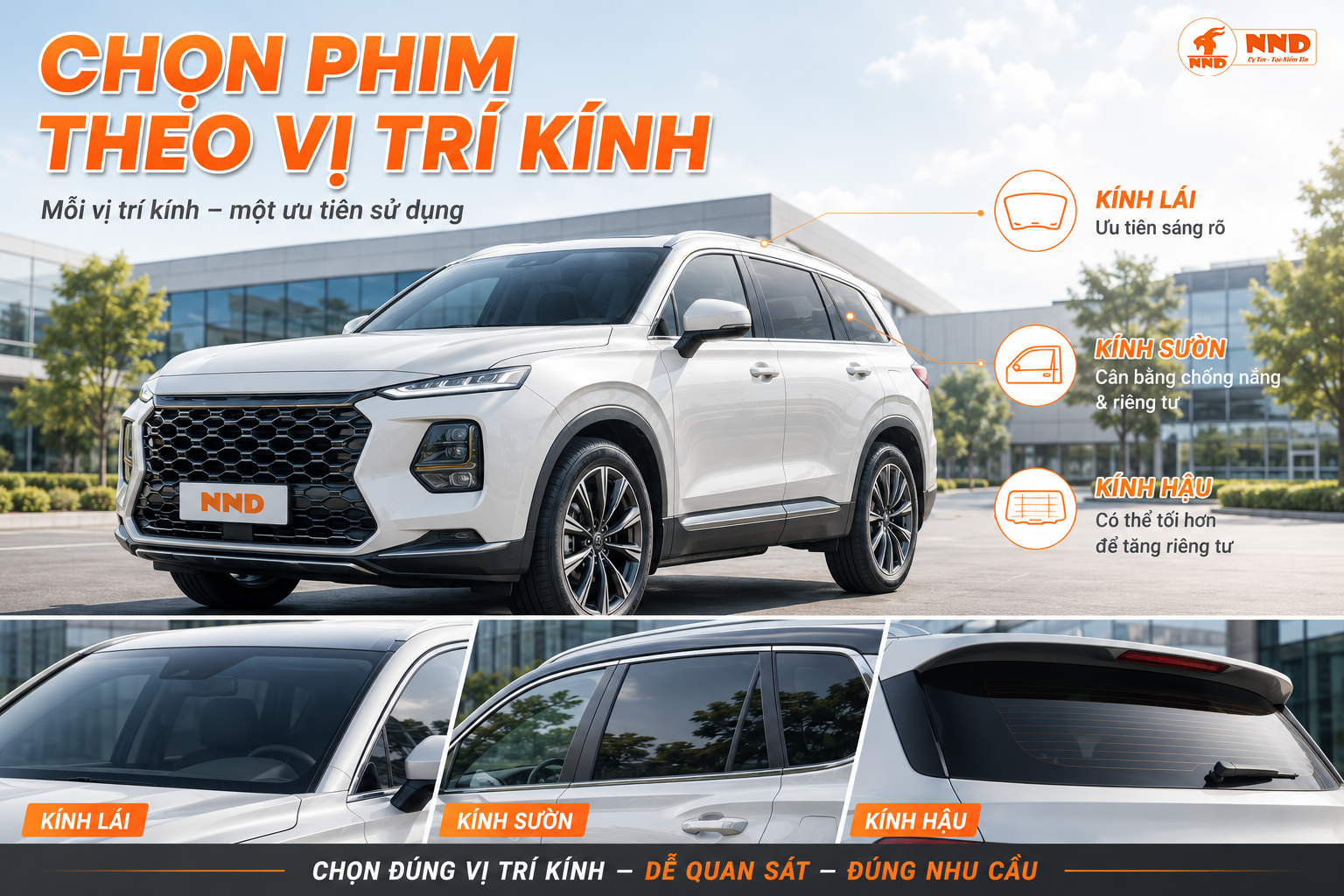 Cách chọn phim cách nhiệt ô tô theo từng vị trí kính lái, kính sườn và kính hậu để cân bằng tầm nhìn, chống nắng và sự riêng tư
