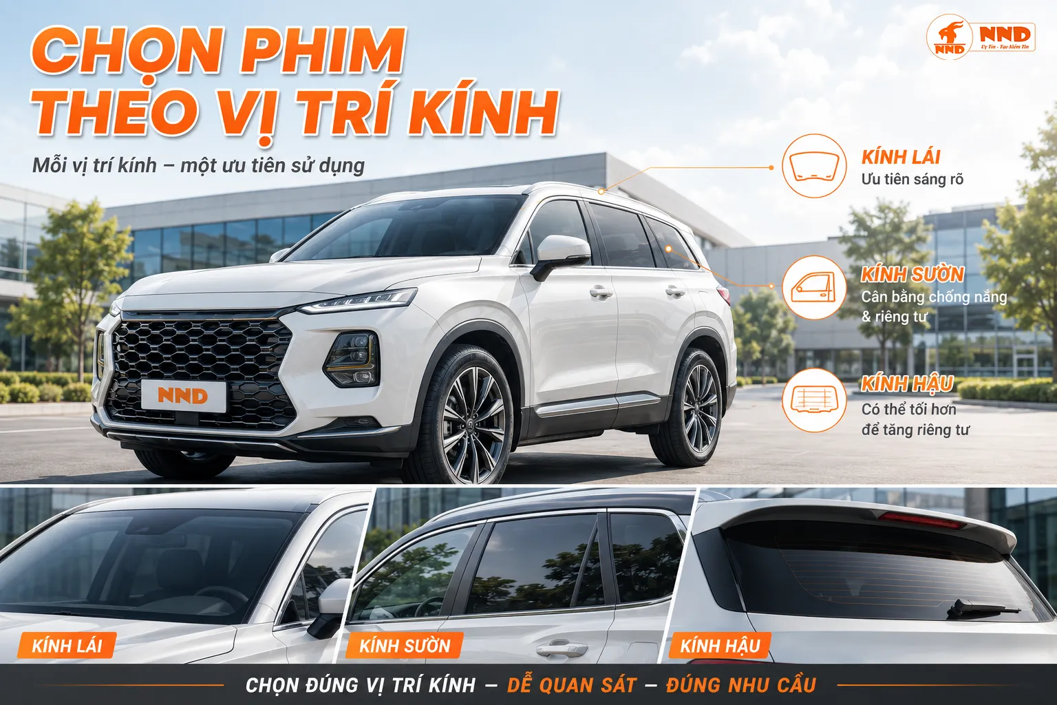 Cách chọn phim cách nhiệt theo kính lái kính sườn và kính hậu xe 5 chỗ