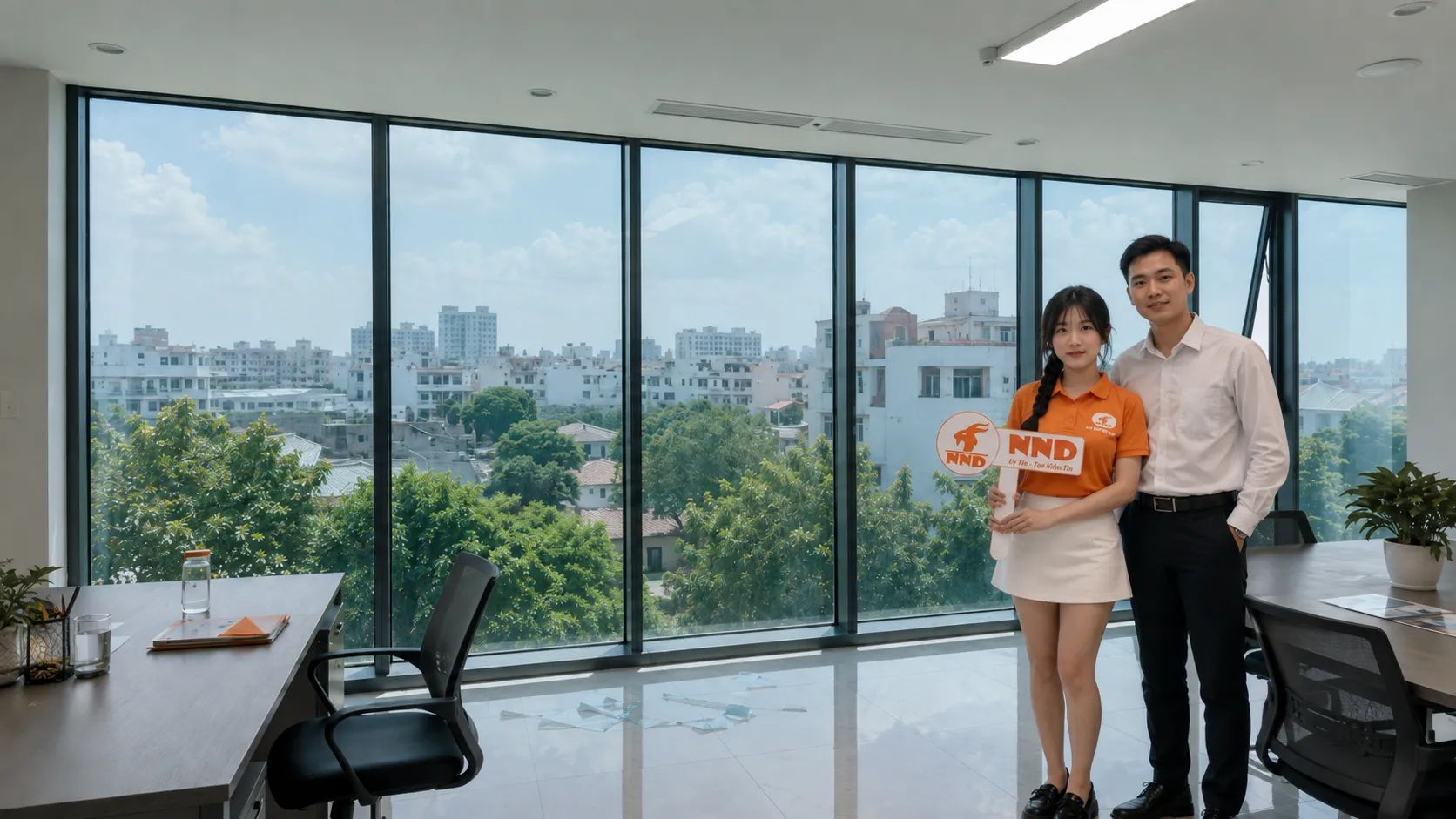 Hệ kính văn phòng sau khi dán phim cách nhiệt Hàn Quốc, giúp giảm chói và giữ không gian sáng.