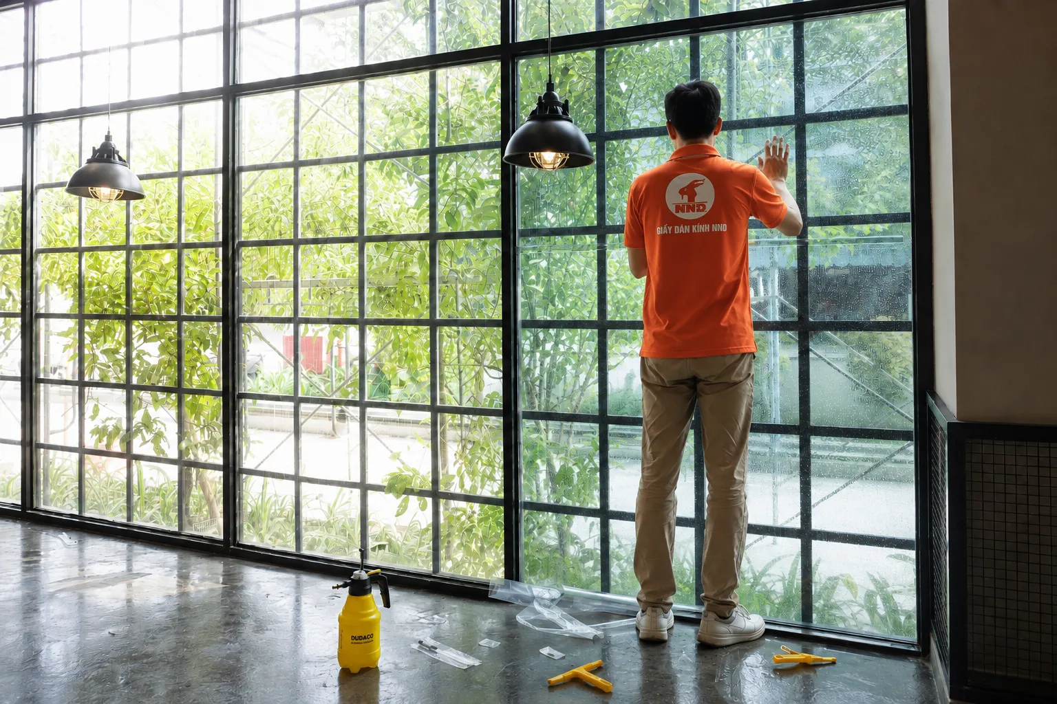 Kỹ thuật viên NND căn chỉnh và hoàn thiện phim cách nhiệt trên hệ kính lớn, với bình xịt và dụng cụ thi công đặt bên dưới.