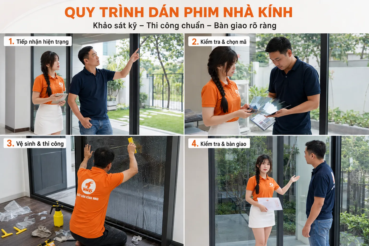 Quy trình dán phim cách nhiệt nhà kính tại NND gồm tiếp nhận hiện trạng, chọn mã phim, thi công và bàn giao.