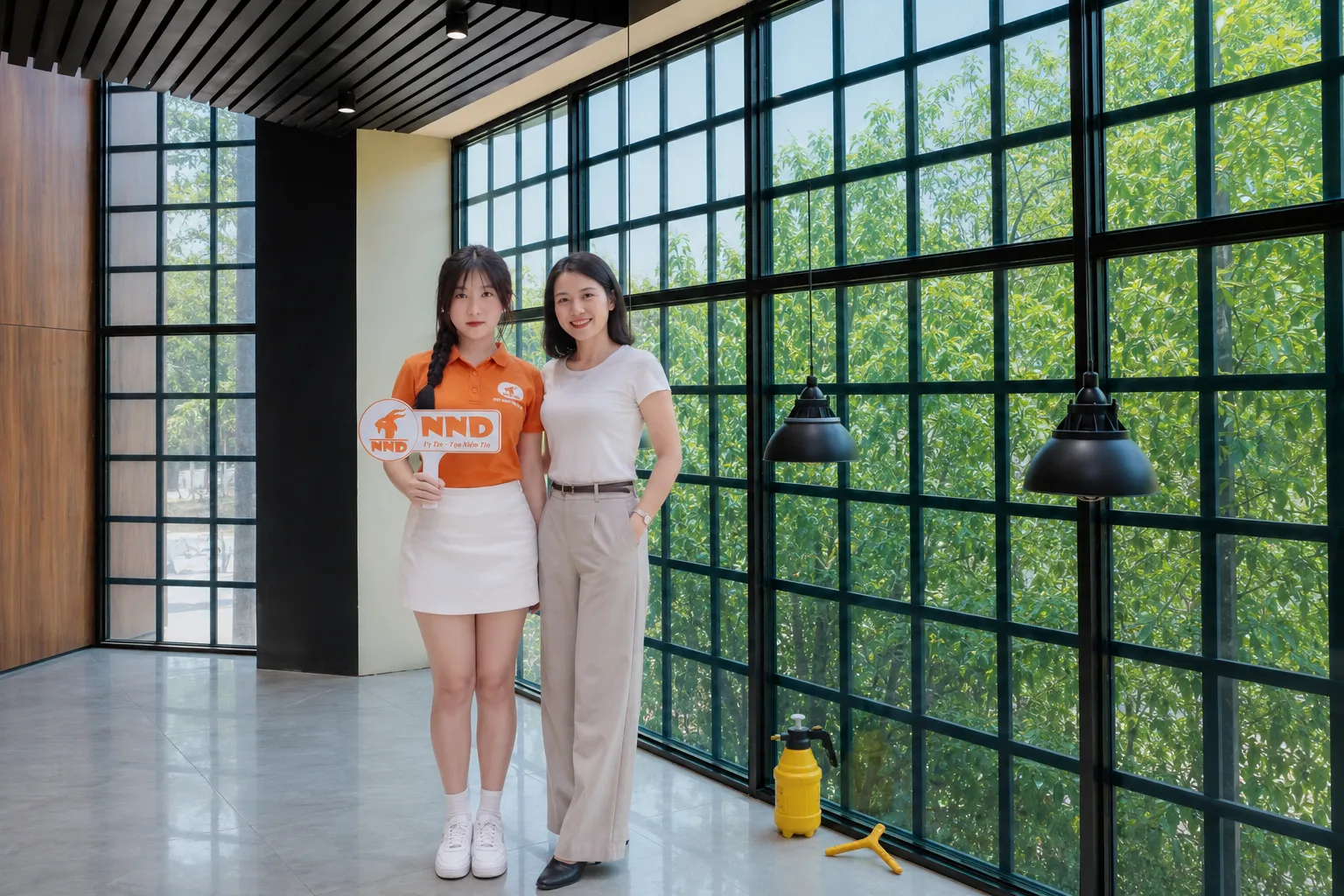 Nhân viên NND cùng khách hàng sau khi hoàn thiện dán phim cách nhiệt cho hệ cửa kính lớn tại công trình.