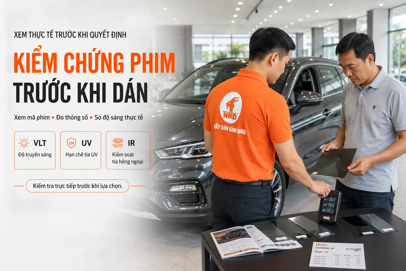 Khách hàng kiểm chứng thông số phim cách nhiệt ô tô trước khi dán tại NND