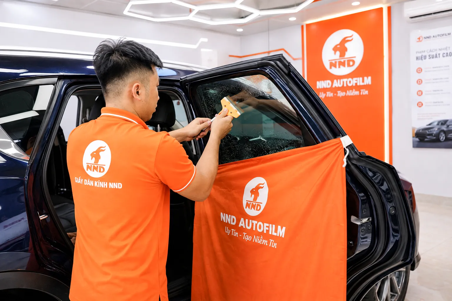 Kỹ thuật viên NND thi công phim cách nhiệt cho kính sườn Mazda CX-5