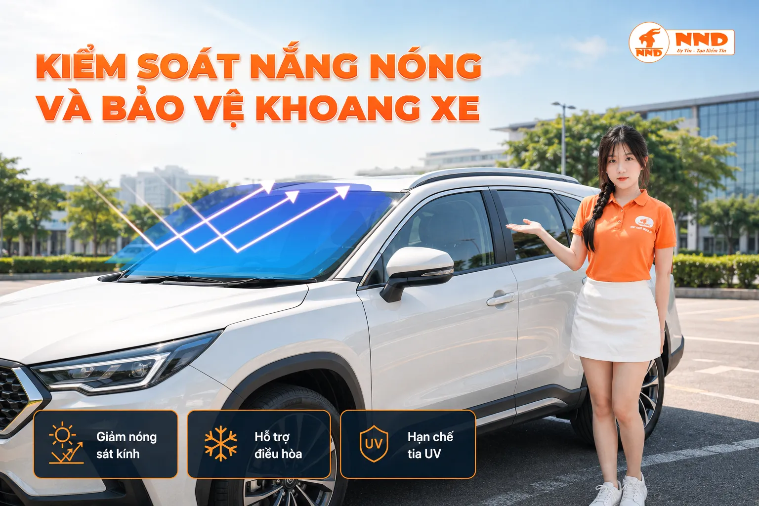 Banner kiểm soát nắng nóng và bảo vệ khoang xe, minh họa phim cách nhiệt trên kính lái ô tô.