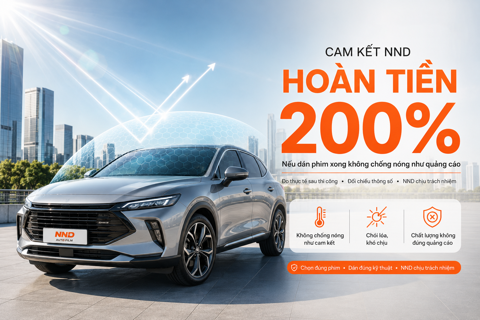 Cam kết hoàn tiền 200% của NND nếu phim cách nhiệt ô tô không chống nóng hoặc chất lượng không đúng như quảng cáo