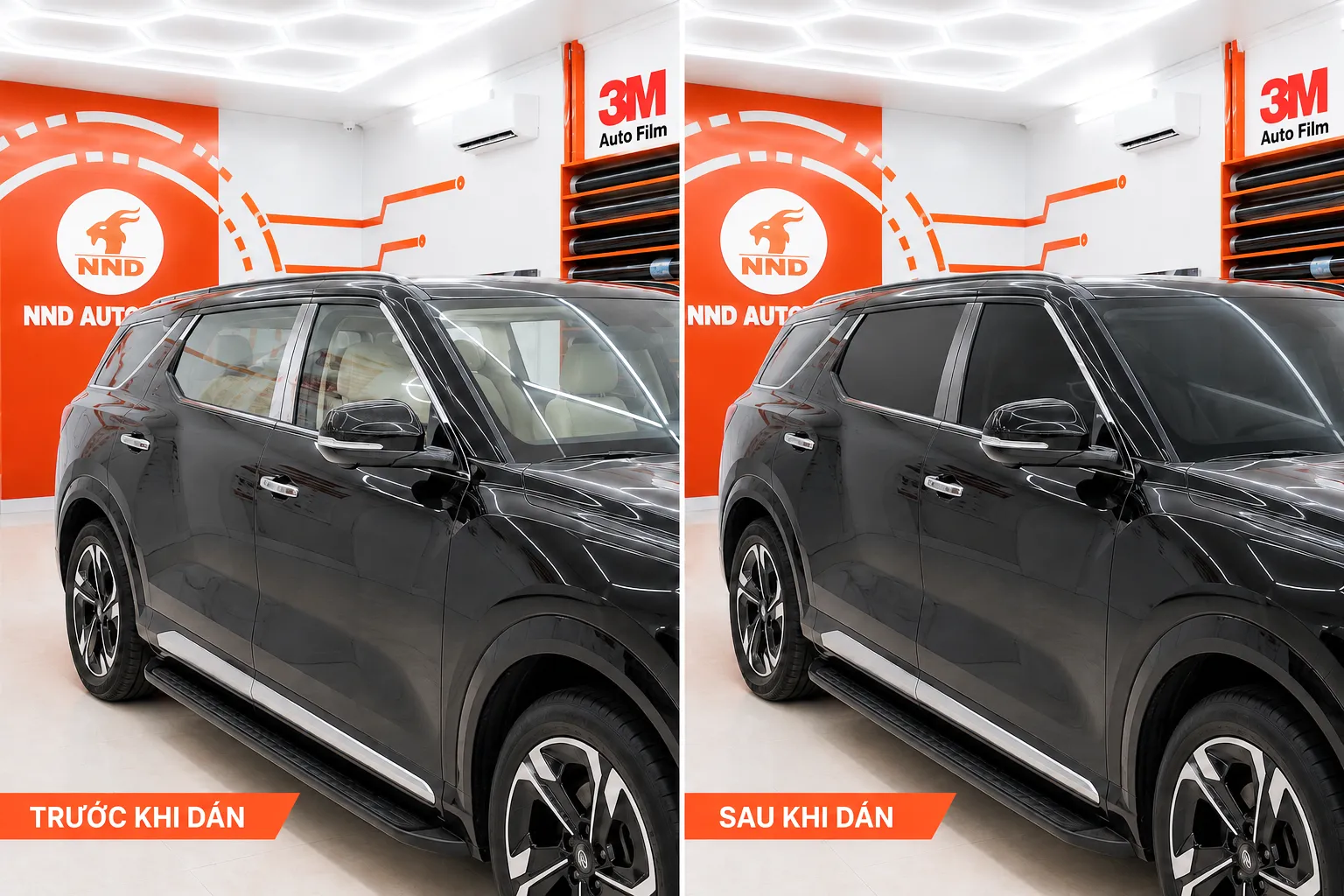 So sánh kính sườn ô tô trước và sau khi dán phim 3M Crystalline CR20