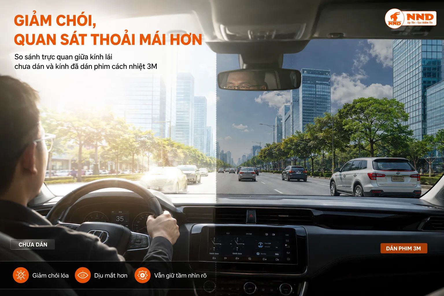 So sánh kính lái chưa dán và đã dán phim cách nhiệt 3M, cho thấy khả năng giảm chói và cải thiện tầm nhìn khi lái xe.