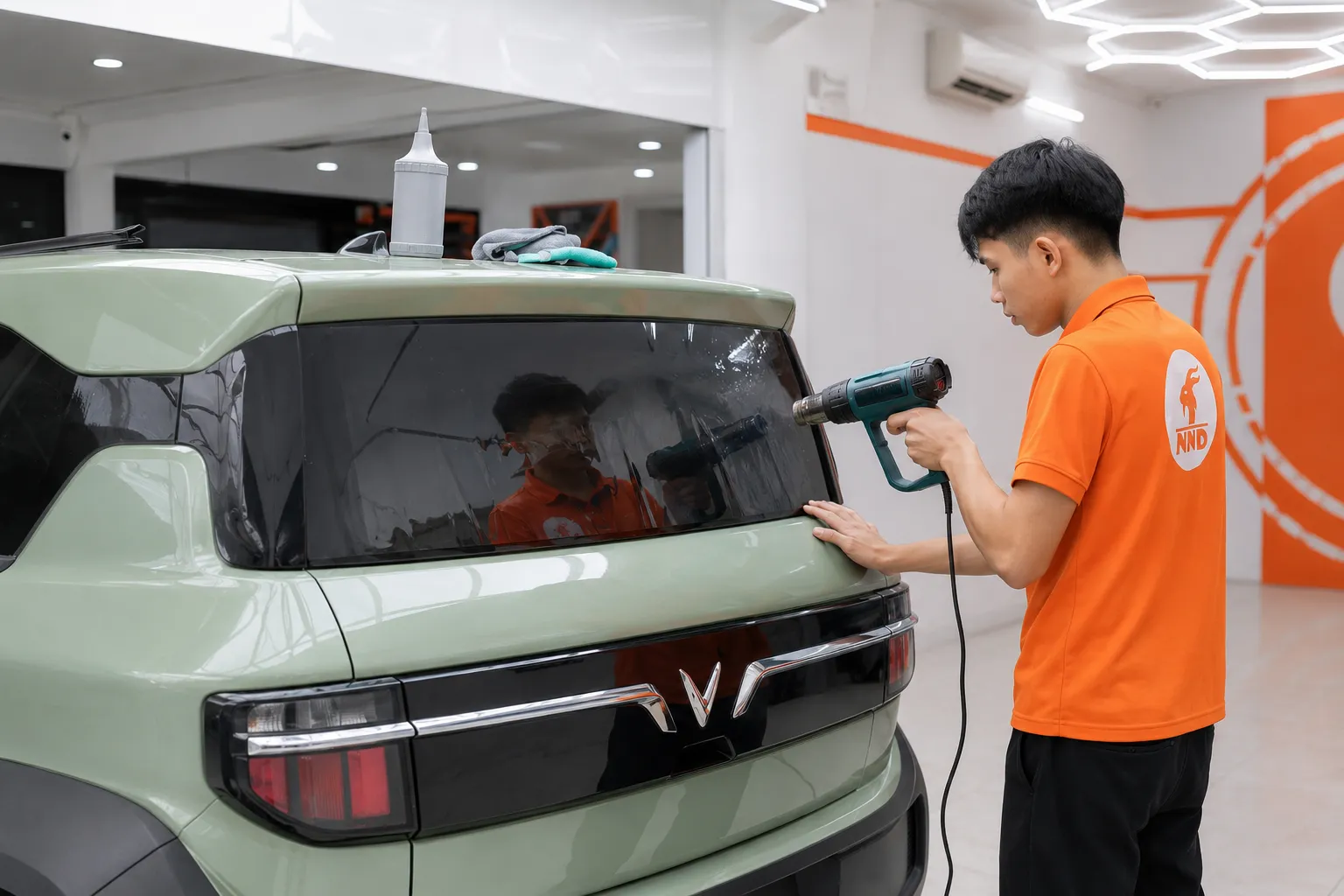 Kỹ thuật viên NND dùng súng nhiệt định hình phim cách nhiệt trên kính hậu xe VinFast VF3