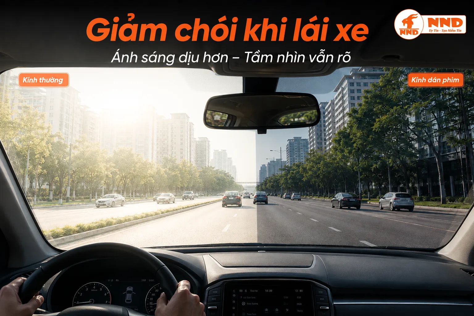 Góc nhìn từ ghế lái so sánh kính thường bị chói và kính dán phim cho tầm nhìn dịu, rõ hơn.