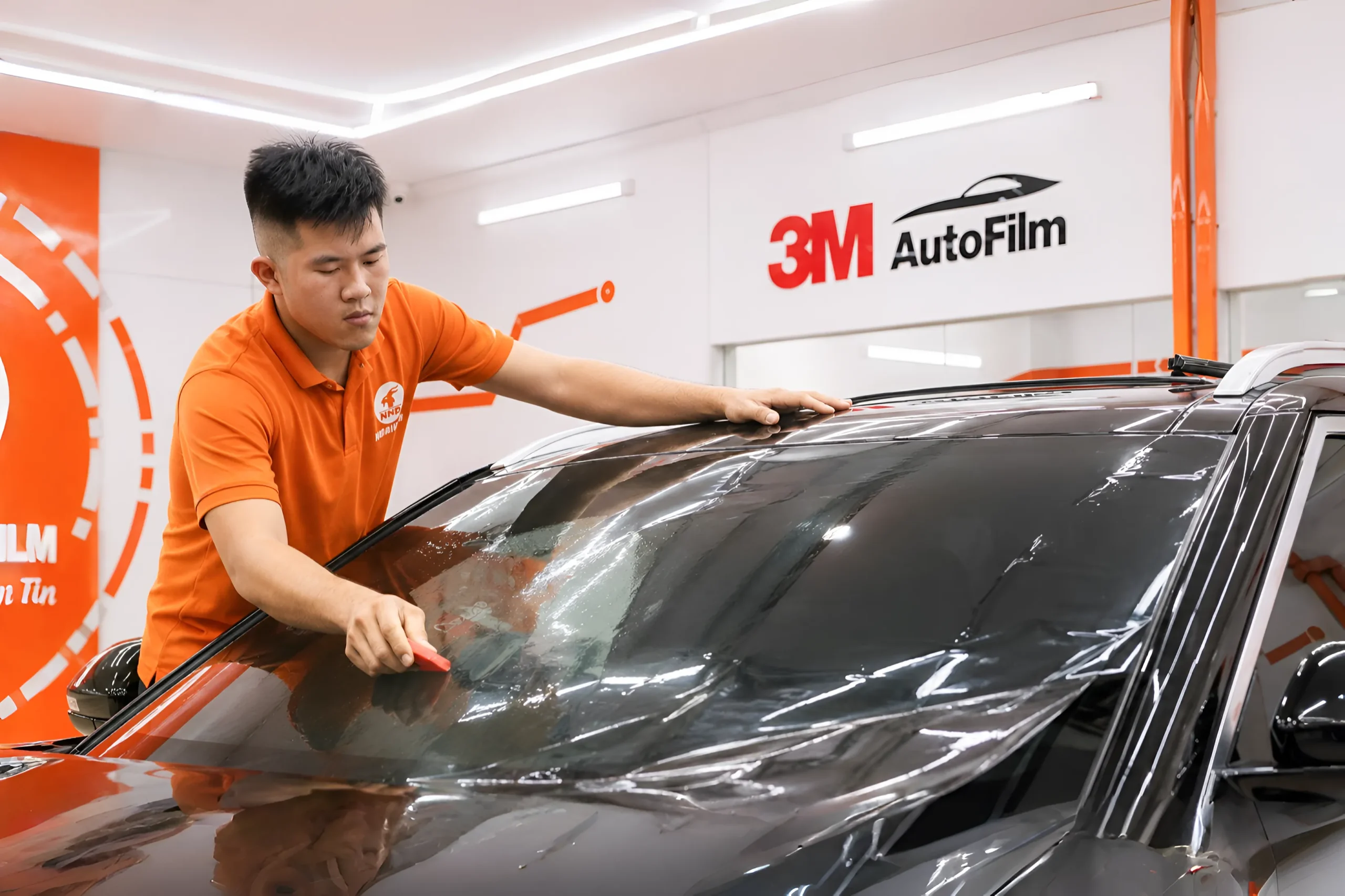 Kỹ thuật viên NND thi công phim 3M Crystalline cho kính lái ô tô trong Gói Thương Gia 3M