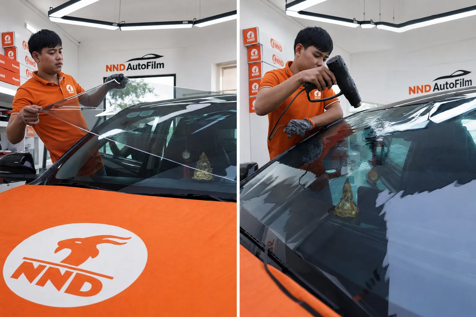 Kỹ thuật viên NND thi công phim cách nhiệt trên kính ô tô tại showroom.
