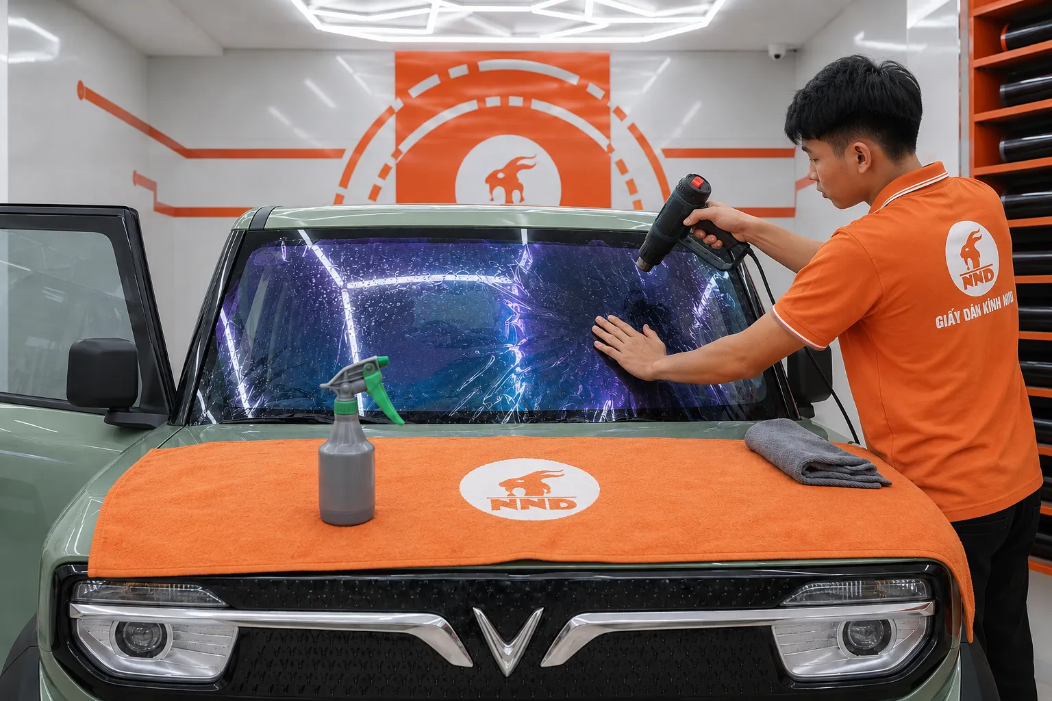 Thi công phim cách nhiệt kính lái xe VF3 bằng súng nhiệt để định hình phim theo bề mặt kính