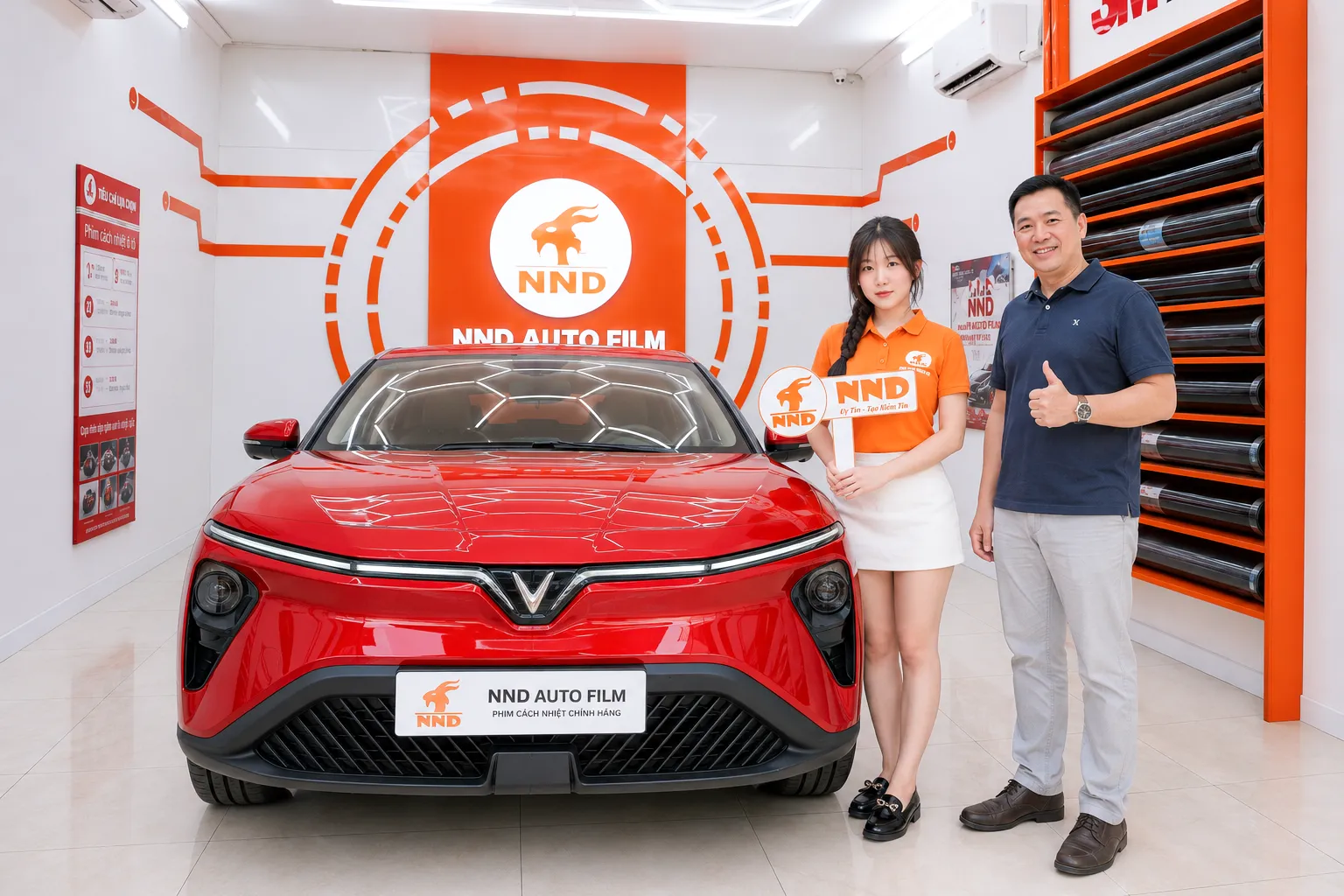 Khách hàng nhận bàn giao xe sau khi dán phim cách nhiệt ô tô Gói Tiết Kiệm tại NND