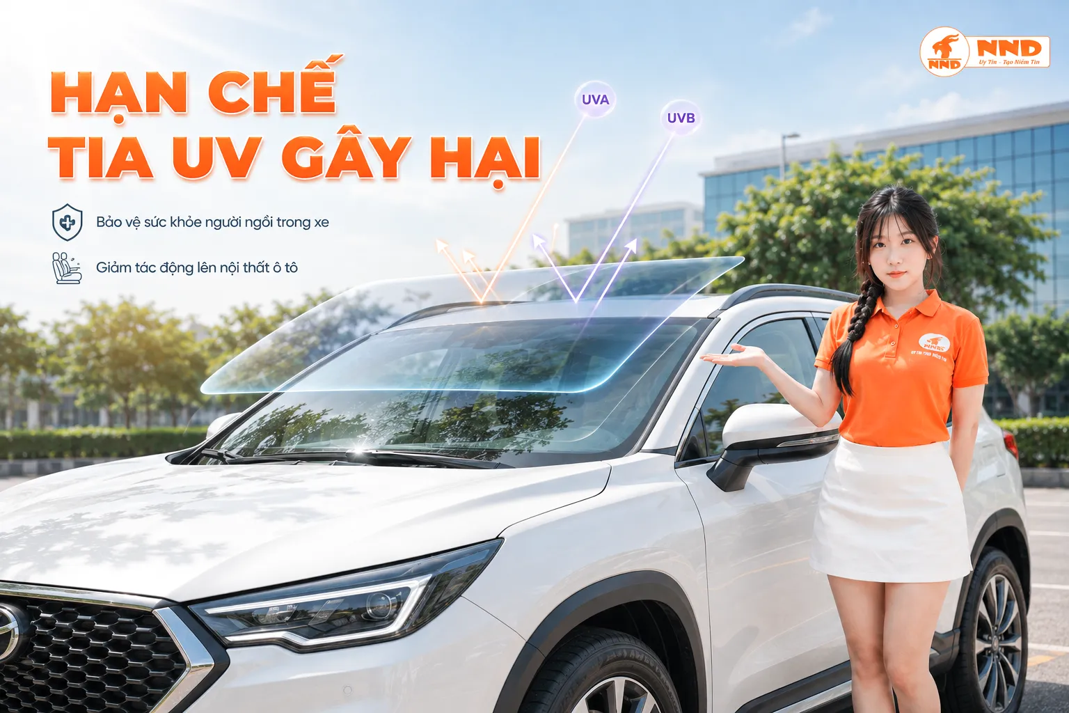 Banner hạn chế tia UV gây hại với lớp phim minh họa trên kính lái và nhân viên nữ NND đứng cạnh xe.