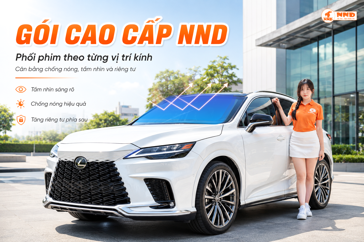 Gói phim cách nhiệt ô tô Cao Cấp NND phối mã theo từng vị trí kính để cân bằng chống nóng, tầm nhìn và riêng tư