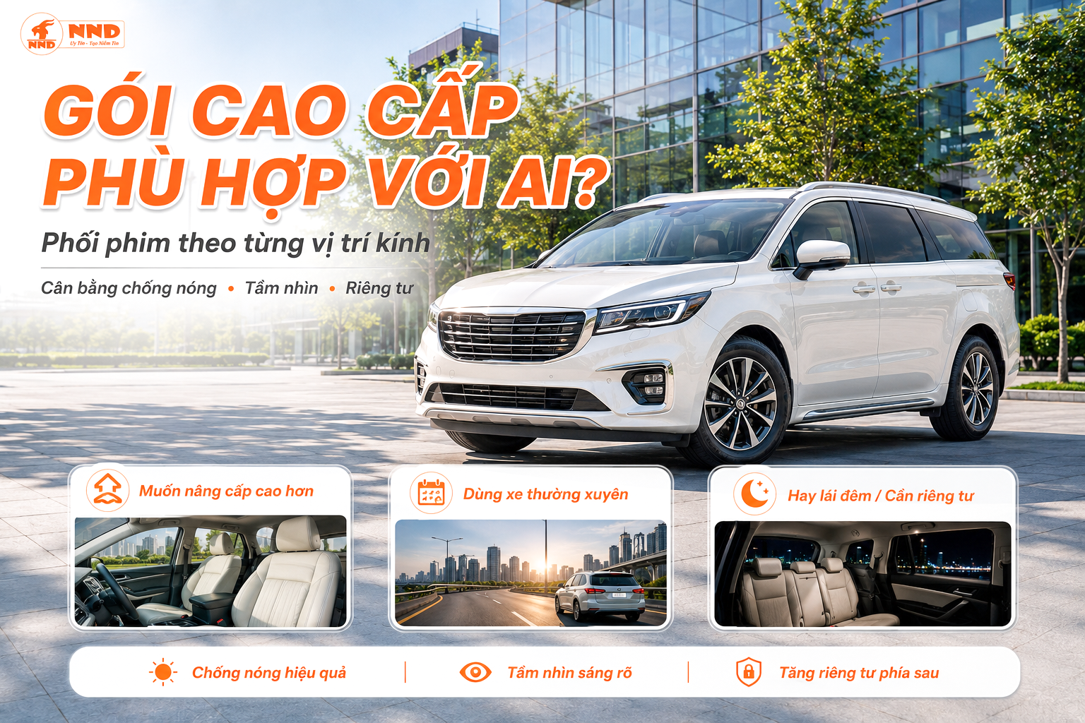 Gói phim cách nhiệt ô tô Cao Cấp phù hợp chủ xe muốn chống nóng, giữ tầm nhìn và tăng riêng tư