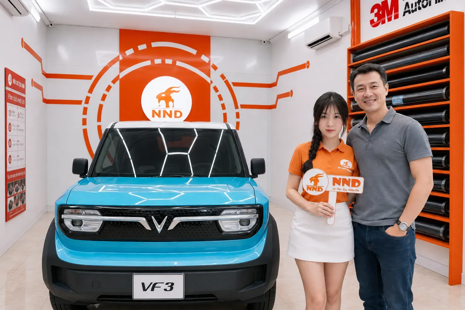 Khách hàng nhận bàn giao VinFast VF3 sau khi hoàn thiện dán phim cách nhiệt xe VF3 tại NND