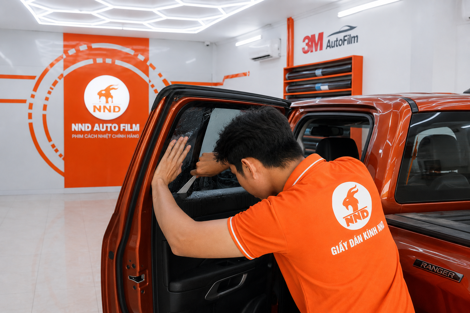 Kỹ thuật viên NND căn chỉnh và hoàn thiện phim cách nhiệt trên kính cửa xe Ford Ranger