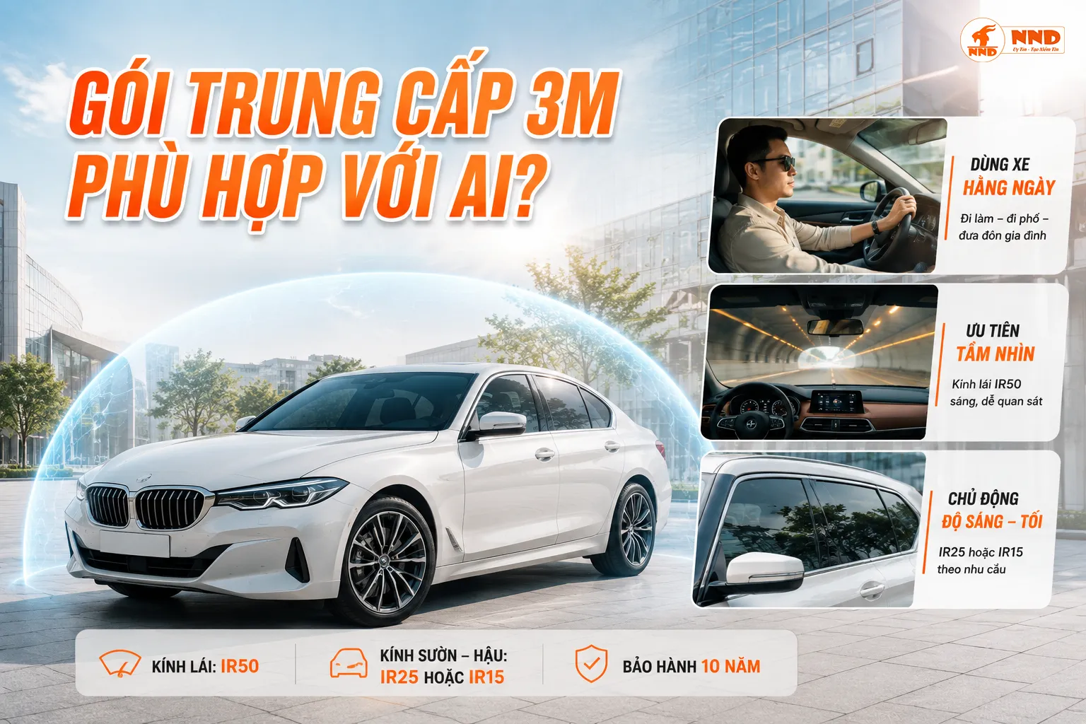 Gói Trung Cấp 3M phù hợp người dùng xe hằng ngày, ưu tiên tầm nhìn và lựa chọn độ sáng kính