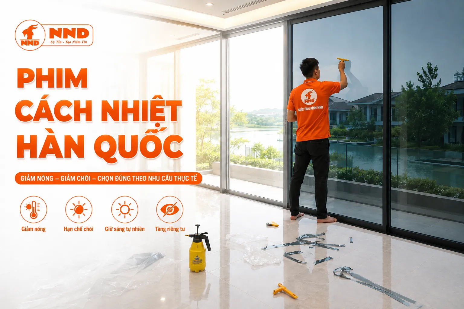 Banner phim cách nhiệt Hàn Quốc với thông điệp giảm nóng, giảm chói, giữ sáng và tăng riêng tư.