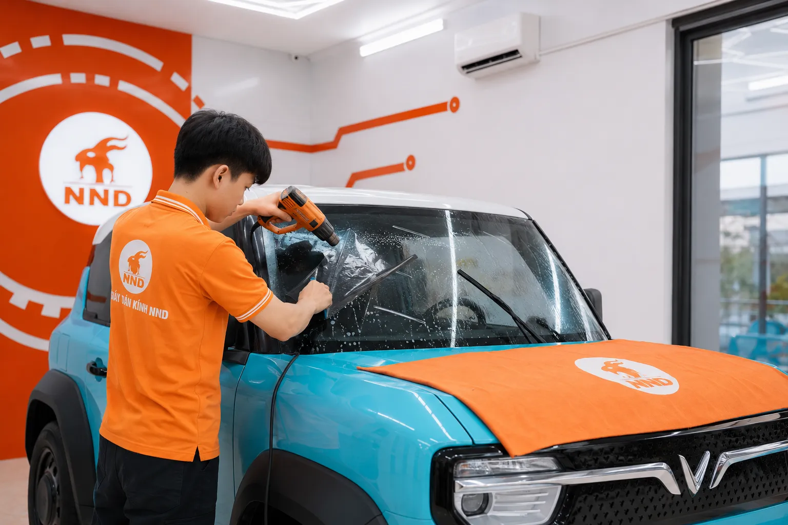 Kỹ thuật viên NND định hình phim cách nhiệt kính lái xe VF3 trước khi hoàn thiện thi công