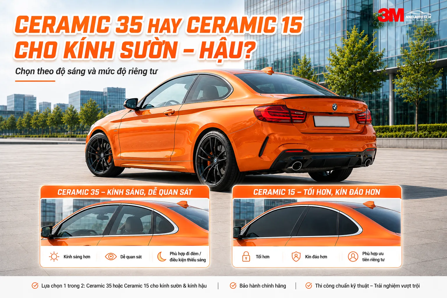 So sánh phim cách nhiệt 3M Ceramic 35 và Ceramic 15 cho kính sườn và kính hậu theo độ sáng và sự riêng tư