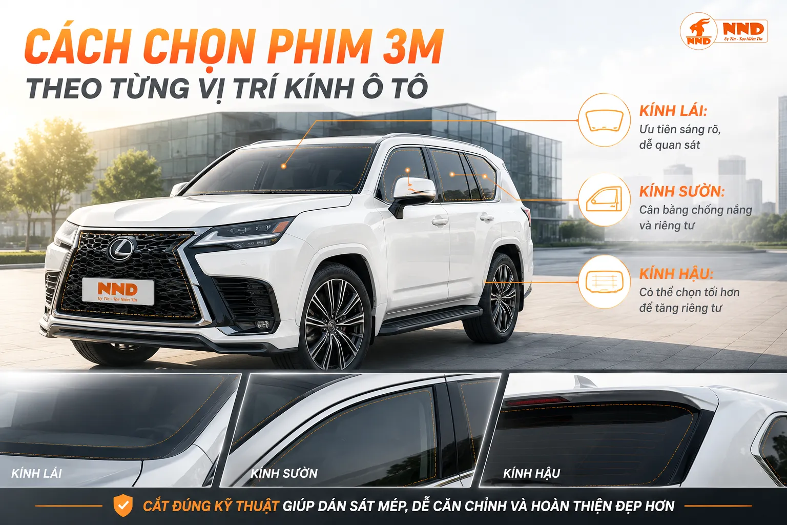 Cách chọn phim 3M theo từng vị trí kính ô tô gồm kính lái, kính sườn và kính hậu.