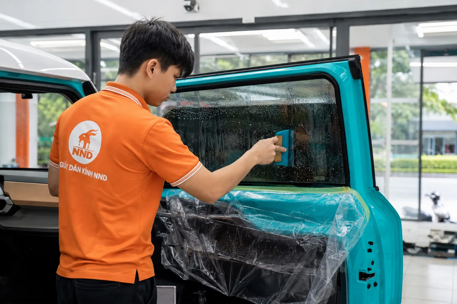 Kỹ thuật viên NND gạt nước và căn chỉnh phim cách nhiệt trên kính sườn xe VinFast VF3