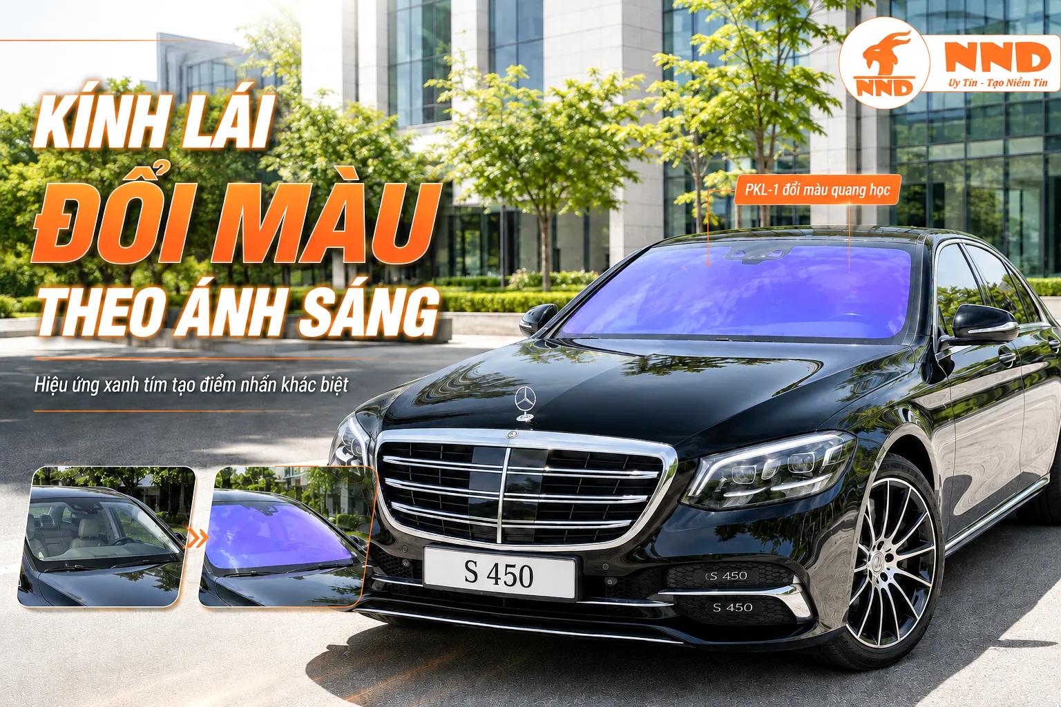 Minh họa phim PKL-1 trên kính lái gói kết hợp tạo hiệu ứng xanh tím khi nhìn từ bên ngoài