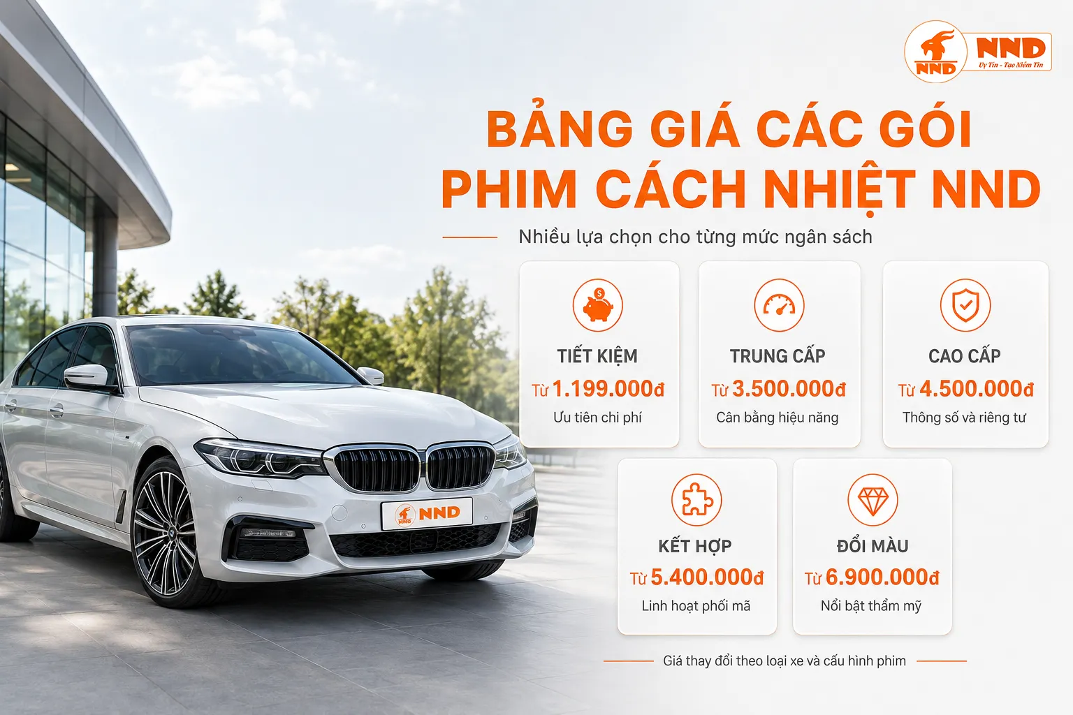 Banner bảng giá năm gói phim cách nhiệt NND gồm tiết kiệm, trung cấp, cao cấp, kết hợp và đổi màu.