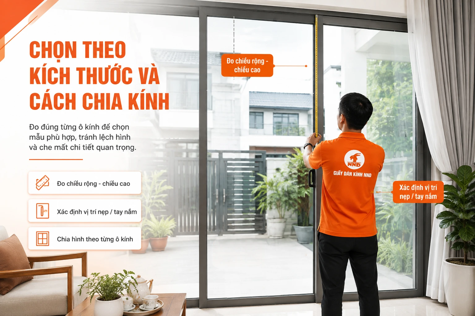 Đo chính xác từng ô kính, vị trí nẹp và tay nắm giúp tranh được chia đúng bố cục khi thi công.