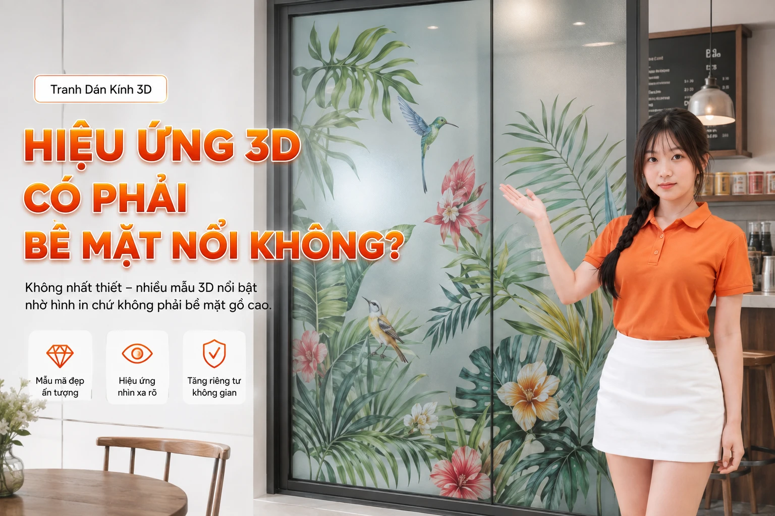Tranh dán kính 3D thường có bề mặt tương đối phẳng. Cảm giác nổi và sống động được tạo nên bằng kỹ thuật thiết kế, phối cảnh, đổ bóng và chất lượng in, đồng thời giúp trang trí kính và tăng mức độ riêng tư cho không gian.