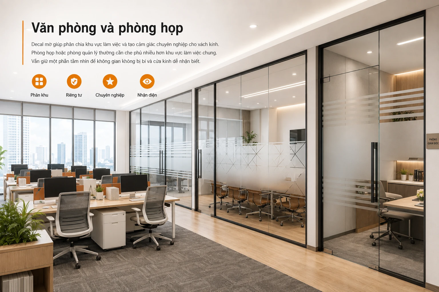 Dán decal cho vách kính lớn văn phòng, phòng họp.