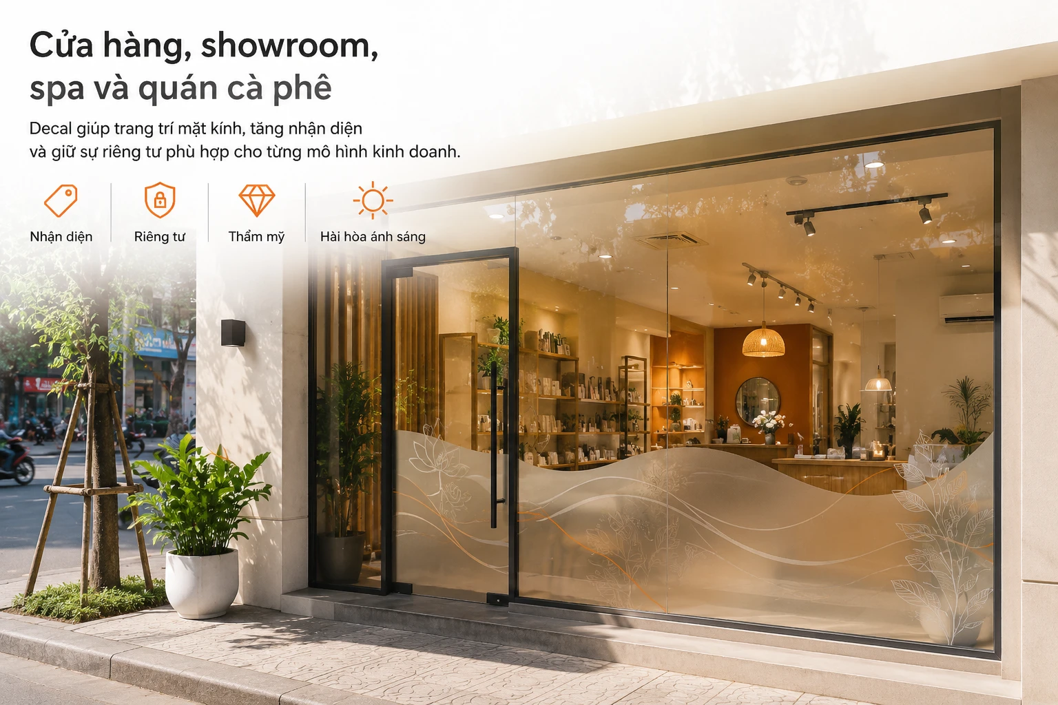 Dán decal trang trí tăng sự chú ý cho các cửa hàng, showroom, quán cafe.