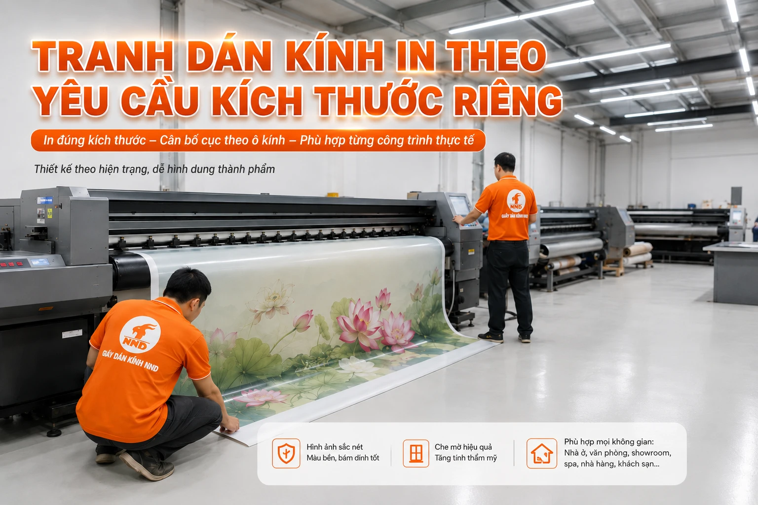Dịch vụ in tranh dán kính theo yêu cầu cho phép lựa chọn hình ảnh, màu sắc, tỷ lệ và kích thước riêng. NND hỗ trợ xử lý file, chia hình theo ô kính và sản xuất theo hiện trạng cho nhà ở, văn phòng, showroom, spa, nhà hàng hoặc khách sạn.