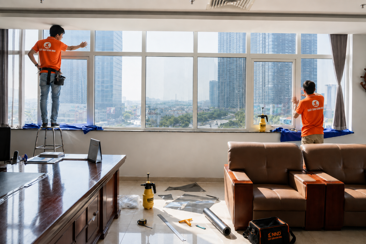 Hai kỹ thuật viên NND thi công phim cách nhiệt cho hệ cửa kính lớn tại văn phòng.