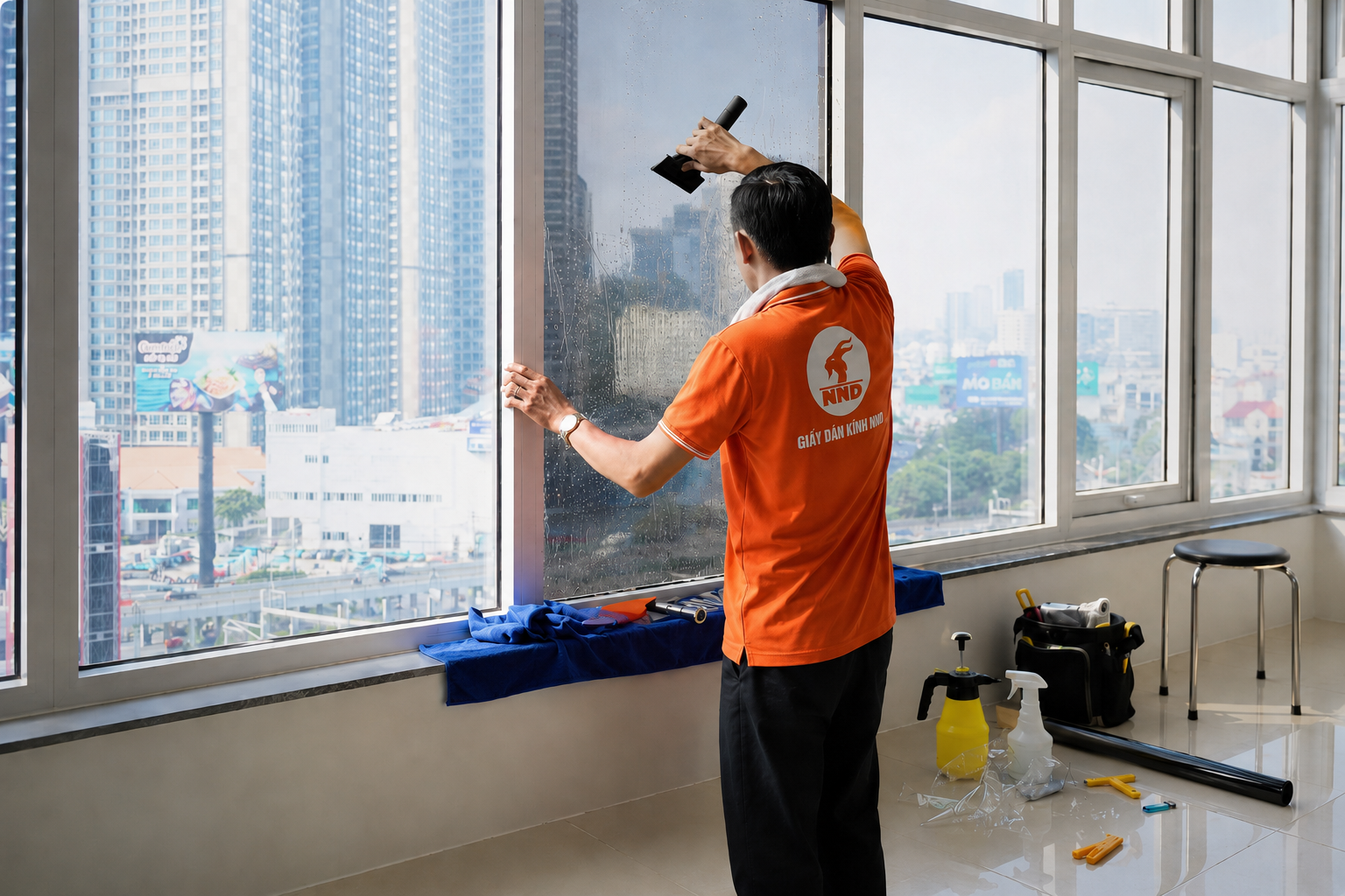 Kỹ thuật viên NND thi công phim cách nhiệt trên cửa kính văn phòng cao tầng.