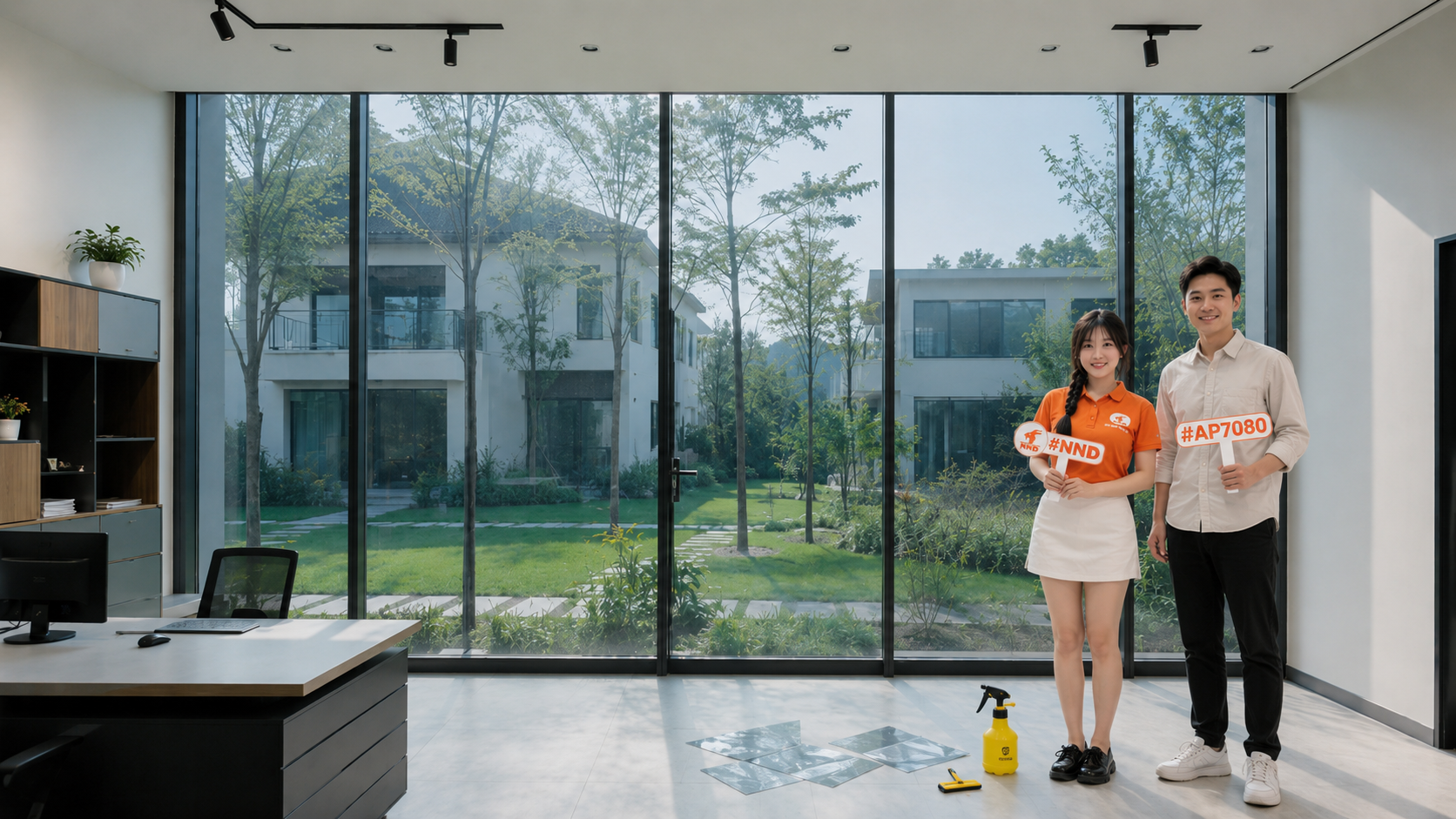 Hệ kính sau khi dán phim cách nhiệt AP7080, giúp không gian dịu sáng hơn và vẫn giữ view sân vườn.