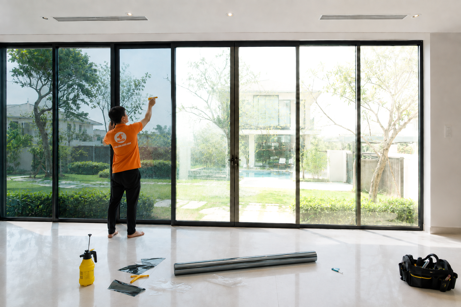 Kỹ thuật viên NND thi công phim cách nhiệt nhà kính trên hệ cửa kính lớn tại biệt thự.