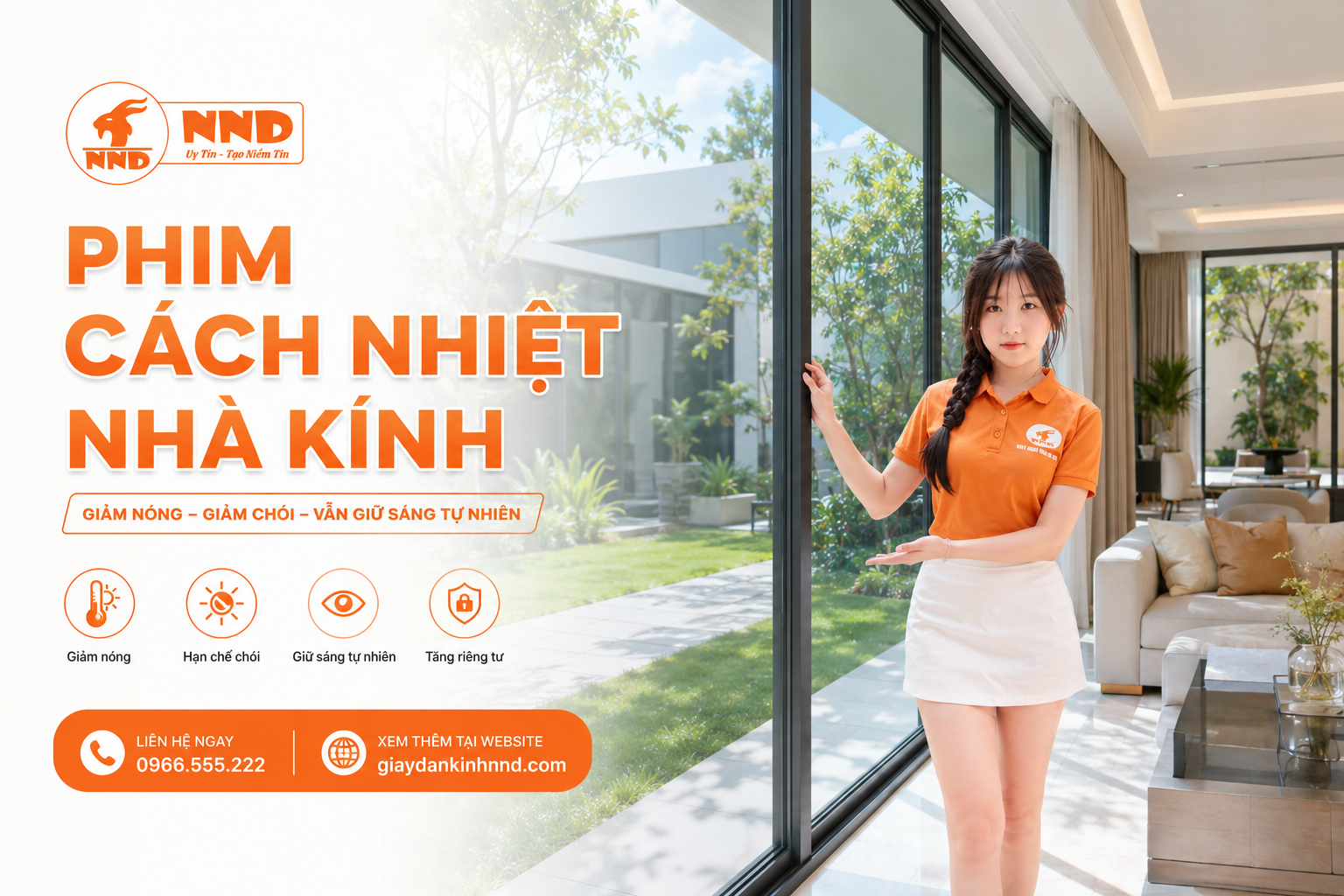 Banner phim cách nhiệt nhà kính NND với thông điệp giảm nóng, giảm chói, giữ sáng và tăng riêng tư.