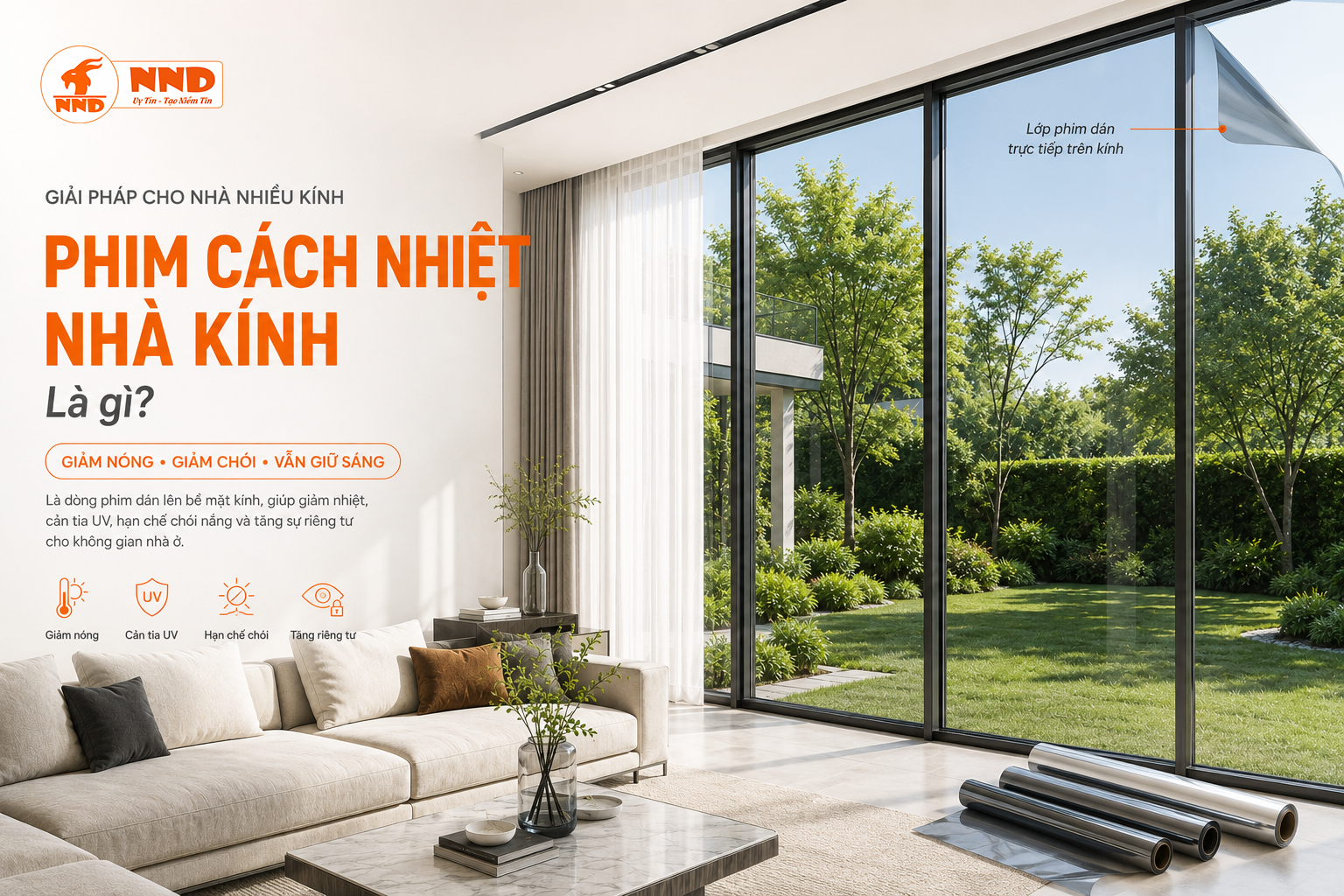 Minh họa phim cách nhiệt nhà kính dán trực tiếp lên bề mặt kính trong không gian phòng khách hiện đại.