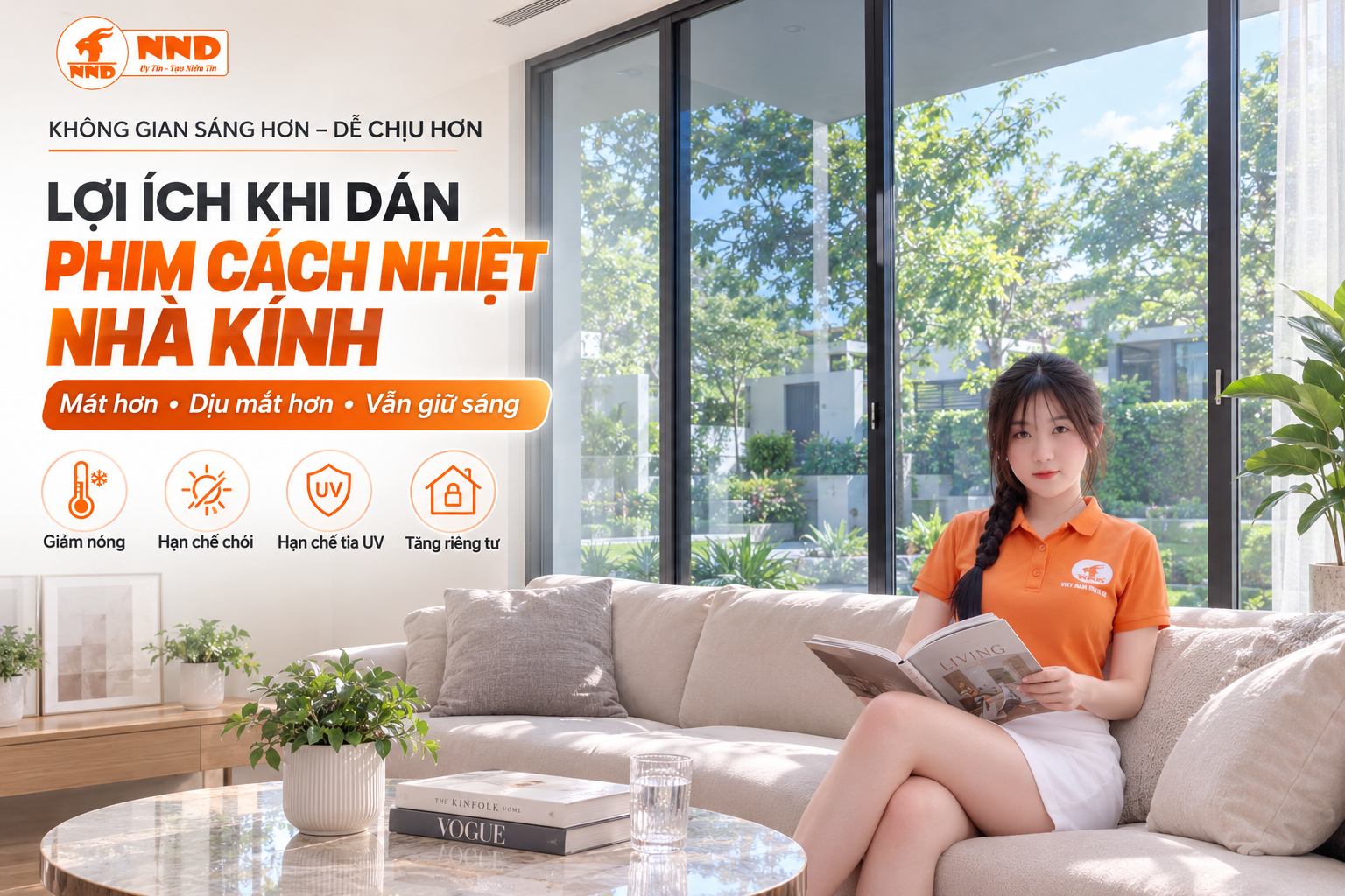 Lợi ích khi dán phim cách nhiệt nhà kính gồm giảm nóng, giảm chói, hạn chế tia UV và tăng riêng tư.
