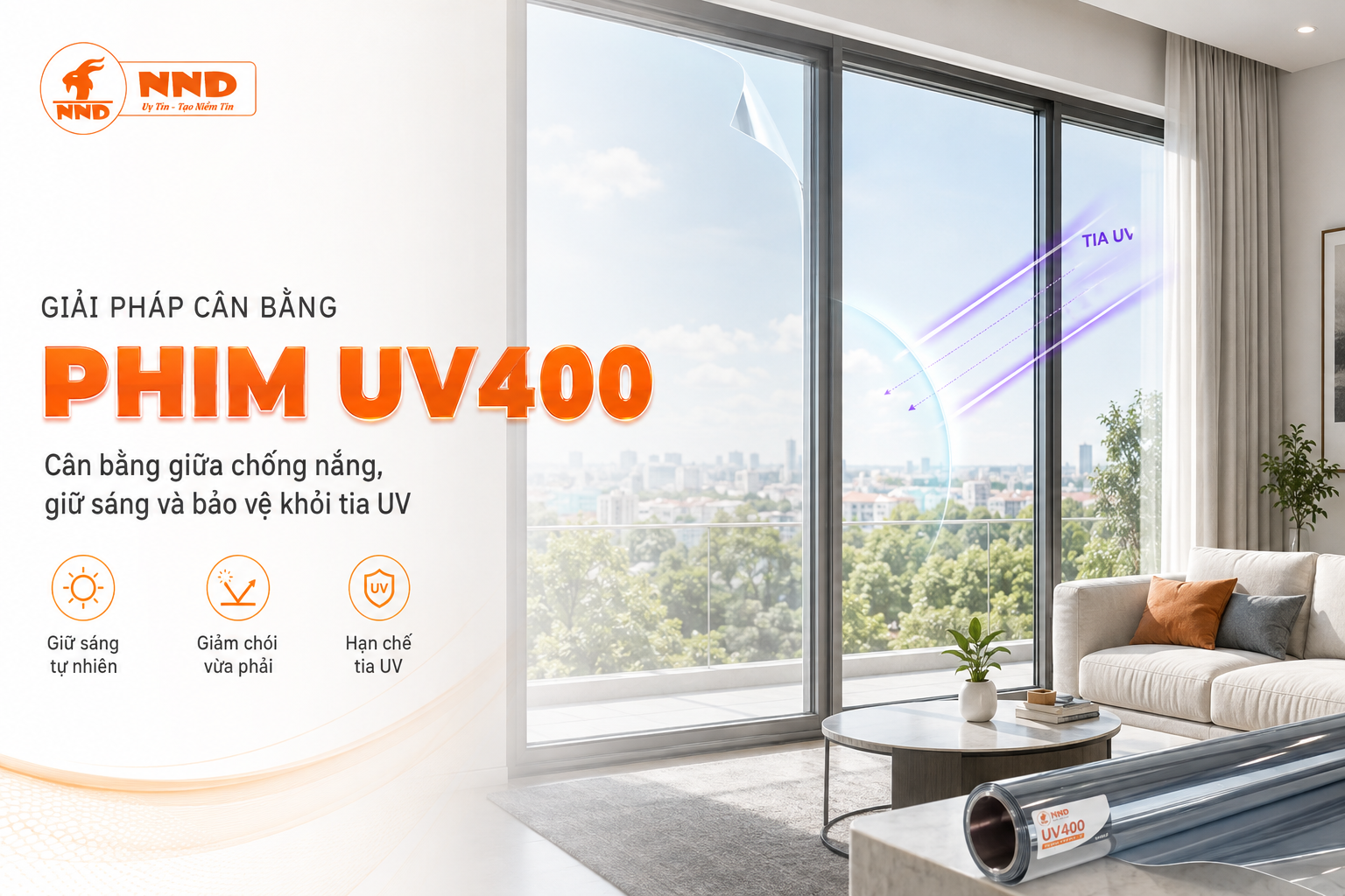 Phim UV400 cho nhà kính giúp cân bằng giữa giữ sáng, giảm chói và hạn chế tác động của tia UV.