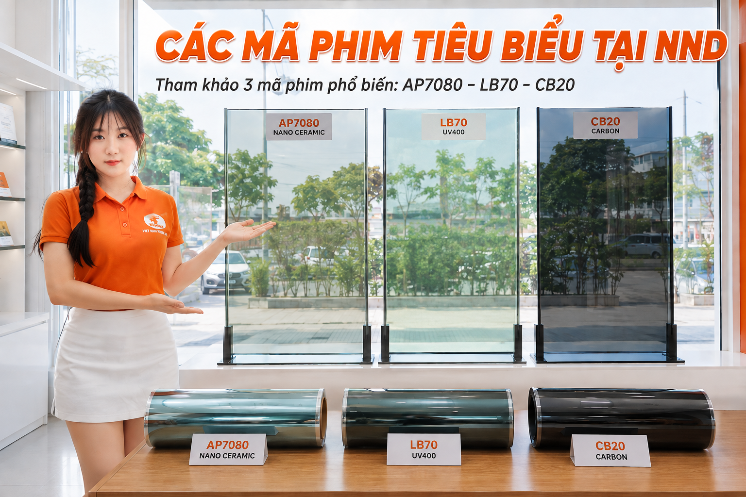 Các mã phim cách nhiệt nhà kính tiêu biểu tại NND gồm AP7080 Nano Ceramic, LB70 UV400 và CB20 Carbon.