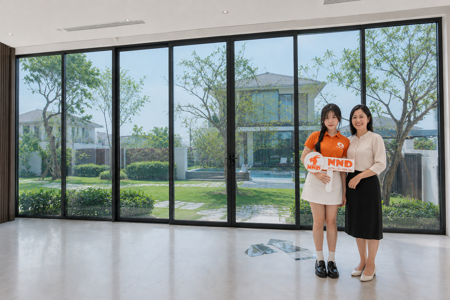 Hệ kính biệt thự sau khi dán phim cách nhiệt với bề mặt kính dịu hơn và vẫn giữ tầm nhìn ra sân vườn.