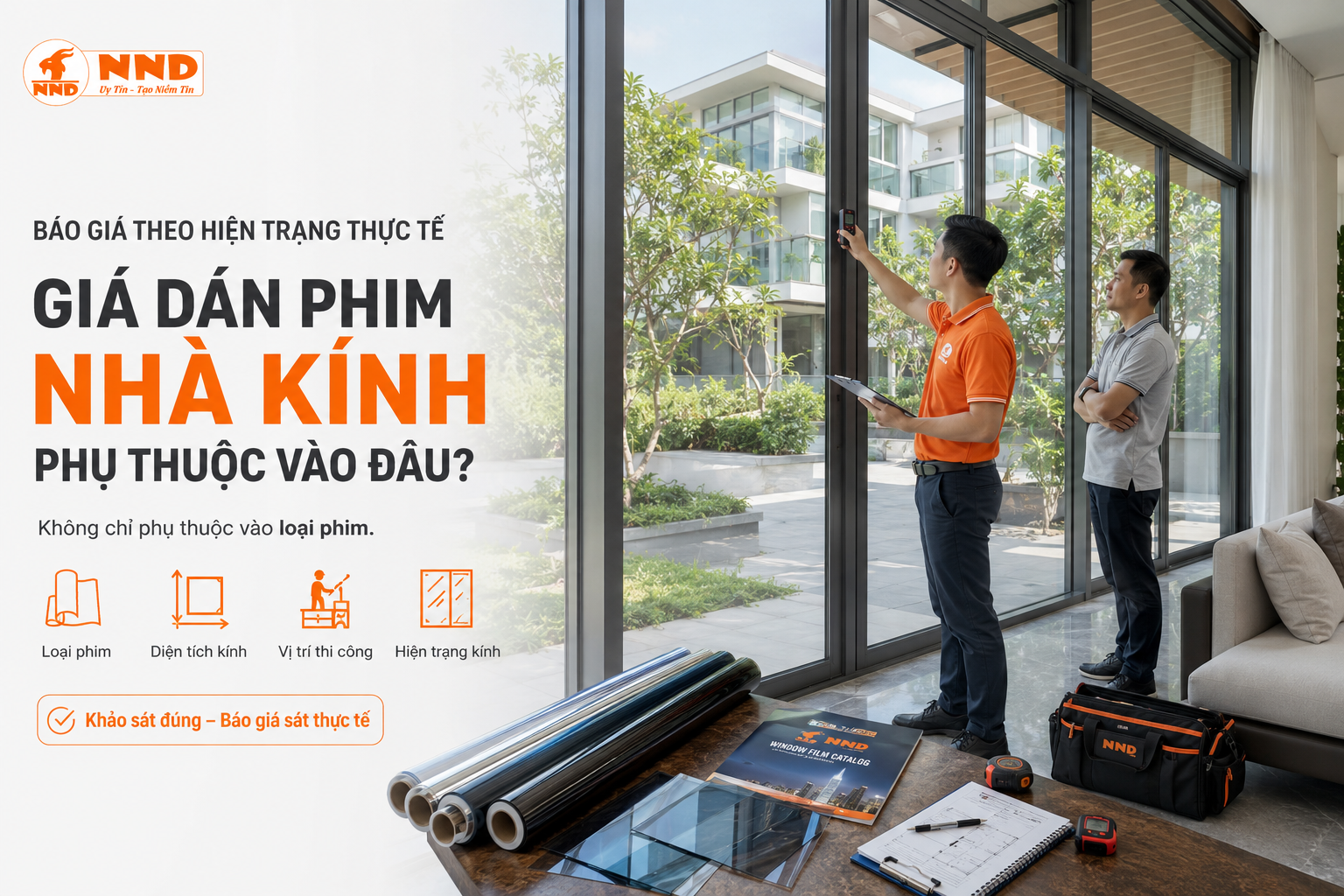 Khảo sát thực tế để báo giá dán phim cách nhiệt nhà kính theo loại phim, diện tích, vị trí thi công và hiện trạng kính.