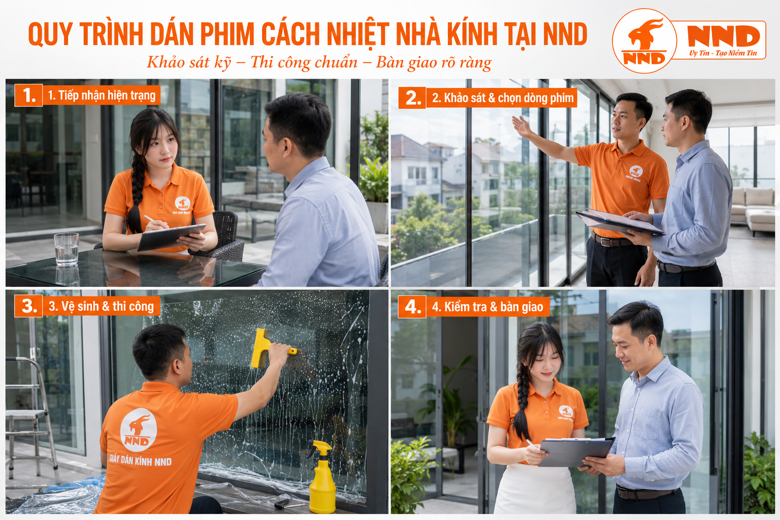 Quy trình dán phim cách nhiệt nhà kính tại NND gồm tiếp nhận hiện trạng, khảo sát chọn phim, thi công và bàn giao.